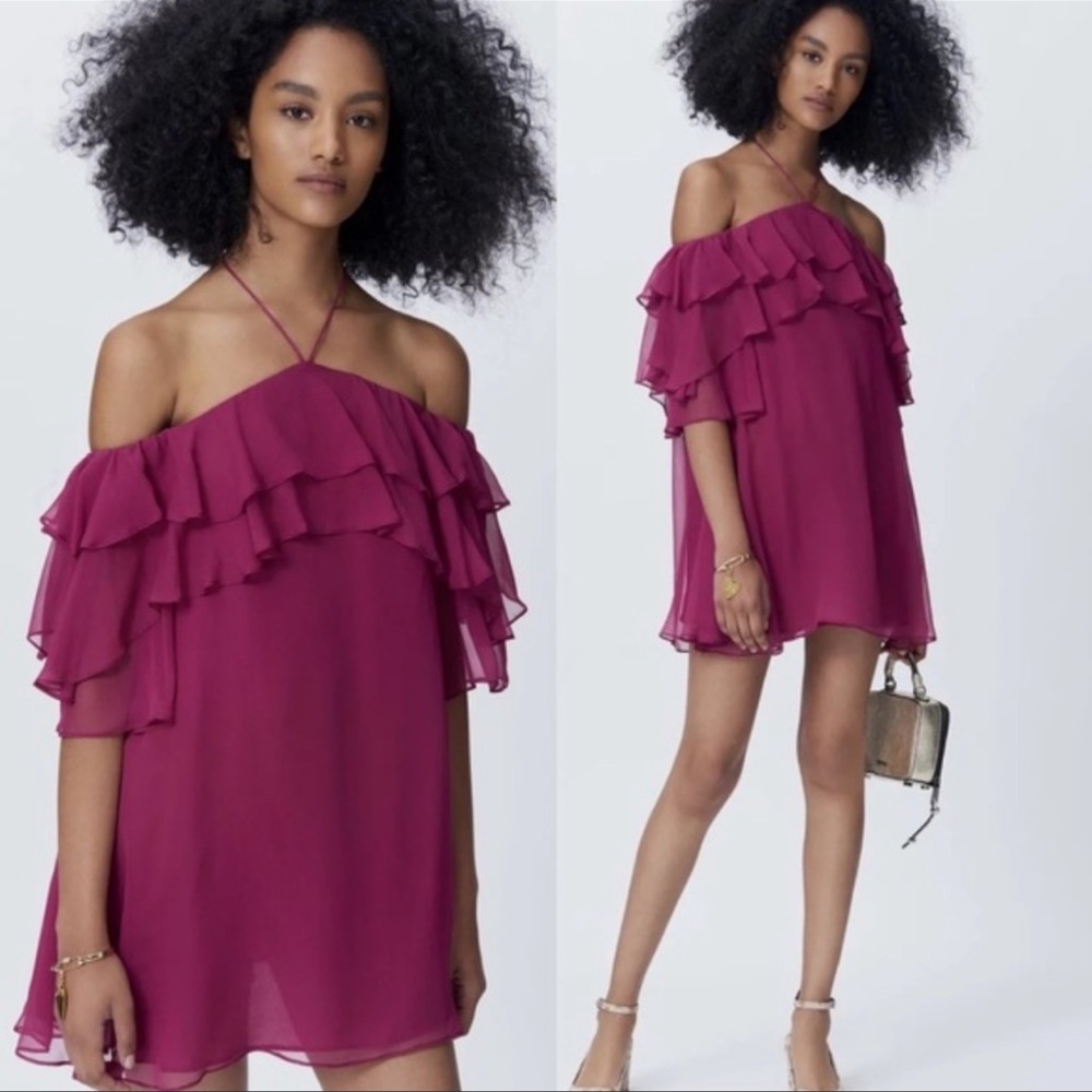 NWT Rebecca Minkoff Off the Shoulder Ruffled Chiffon Dena Dress in Raspberry-S